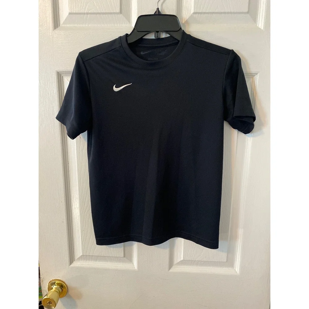 Nike Kids Dri-FIT Short Sleeve Athletic T-Shirt Black White Swoosh Size Large